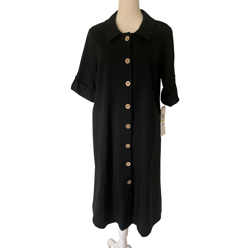Nina Leonard black button L3154E rayon shirtdress women M pockets‎ NWT stretch